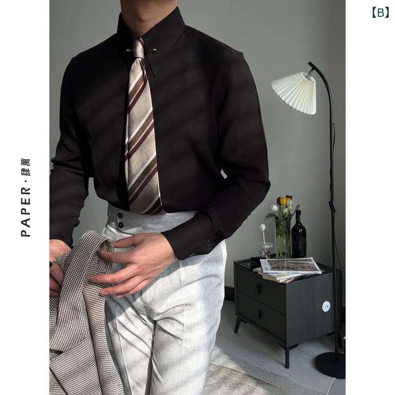 メンズ トップス おしゃれ ダンディ 白 エンパイア カラー シャツ イタリア 紳士 レトロ ピン ホール カラー スリム シャツ ビジネス フォーマル