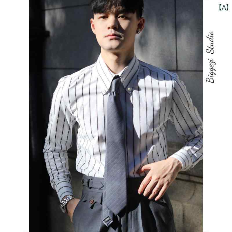 メンズ トップス おしゃれ ダンディ イタリアン レトロ 大判 ポインテッドカラー ノンアイロン スリム 文芸 英国 ワークビジネス 長袖 快適 ストライプシャツ