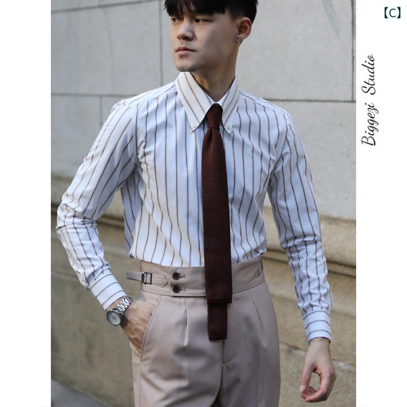 メンズ トップス おしゃれ ダンディ イタリアン レトロ 大判 ポインテッドカラー ノンアイロン スリム 文芸 英国 ワークビジネス 長袖 快適 ストライプシャツ