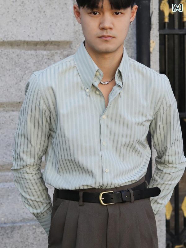 メンズ トップス おしゃれ ダンディ イタリア 大きめ ピーク カラー ボタン ダウン シワ 防止 スリム カジュアル レトロ ヤッピー 長袖 ストライプシャツ(4)