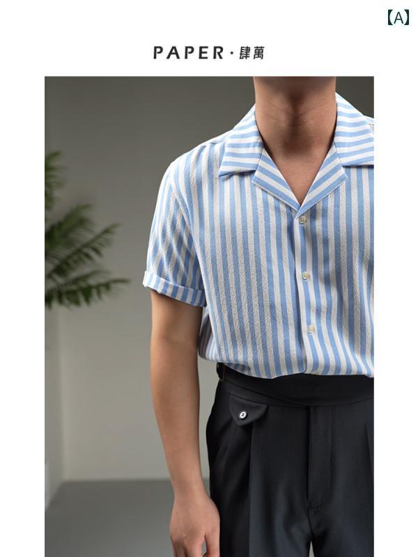 メンズ トップス おしゃれ ダンディ 夏 シアサッカー 薄手 涼しい 涼しい 通気性 快適 快適 キューバ カラー シャツ カジュアル バケーション ビーチ 半袖 シャツ