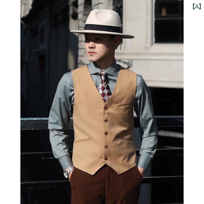 メンズ ベスト ビジネス オフィス カジュアル ダンディ 英国 レトロ イエロー ヤッピー 紳士 ノスタルジック Vネック 結婚式 写真 スリム ウール