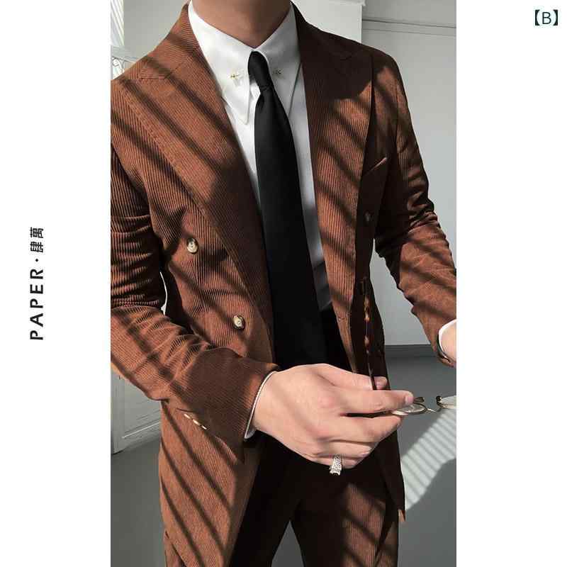 メンズ ファッション おしゃれ ダンディ かっこいい 秋冬 ダブルブレスト カラー コーデュロイ スーツ カジュアル ビジネス スリム ナポリ スーツ