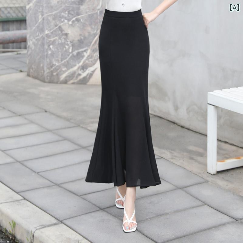 スカート レディース きれいめ 上品 通勤 ドレープ シフォン ブラック ヒップ ハグ スリム フィッシュテール 夏 エレガント ロング