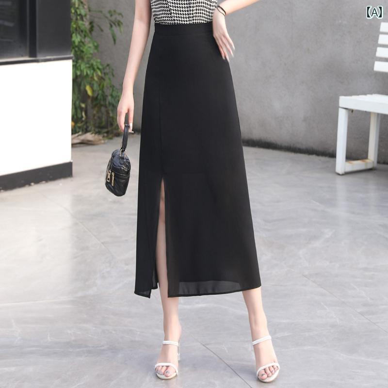 スカート レディース きれいめ 上品 通勤 aライン ワン 段 サイドスリット 夏 黒 スリム ロング シフォン 快適