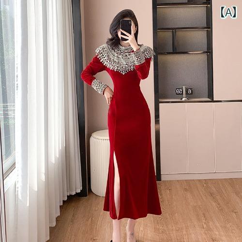 レディース ドレス 華やか セクシー 上品 パーティー キャバ チャイナ風 軽量 涼しい 涼しい 社交界 レトロ ビーズ 起毛 ブラック スリット イブニング ロング スカート