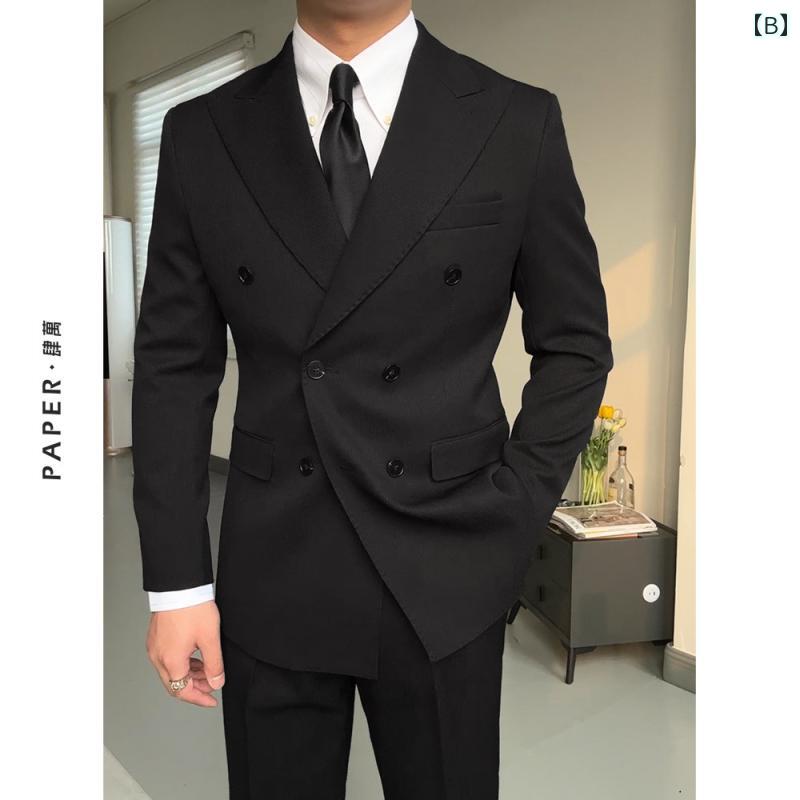 メンズ ファッション おしゃれ ダンディ かっこいい ダークブラウン ダブルブレスト スーツ ビジネス スリム ウェディング スーツ ナポリ レトロ