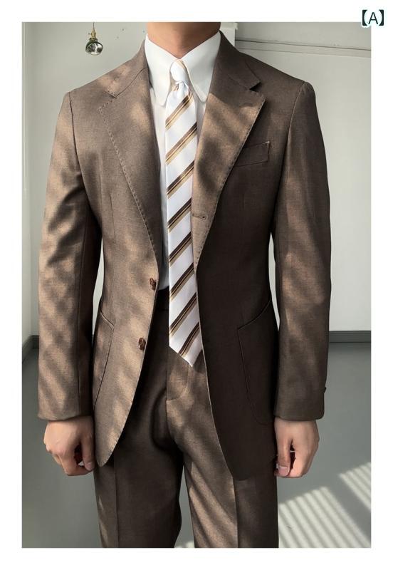 メンズ ファッション おしゃれ ダンディ かっこいい キャメルカラー フラット シングルブレスト スーツ ビジネス スリム レトロ スーツ エレガント スタイリッシュ