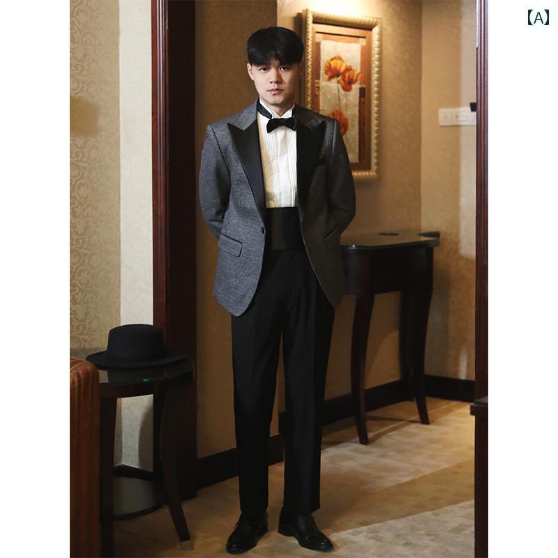 メンズ ファッション おしゃれ ダンディ かっこいい 英国 クラシック チェック サテン カラー 結婚式 ホスト パーティー フォーマル タキシード スーツ(4)