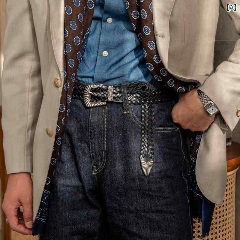 メンズ ベルト 小物 レトロ カーキ 織り ピン バックル イタリア フォーマル 合金 バックル 牛革 トレンディ