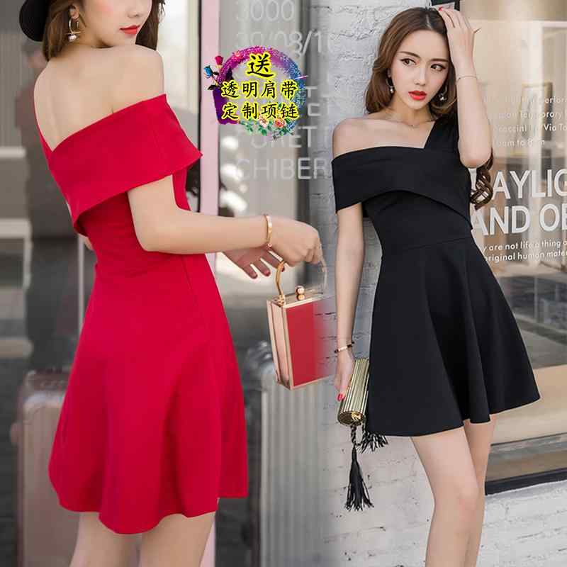 レディース ドレス 華やか セクシー 上品 パーティー 春夏 魅惑 オフショルダー ドレス 斜め 肩 リトル ブラック ドレス ショート スカート