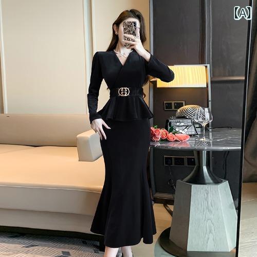 レディース ドレス 華やか セクシー 上品 パーティー キャバ フランス ファッション 起毛 フリル ヒップ ハグ フィッシュテール 長袖 バーガンディィ イブニング 花嫁