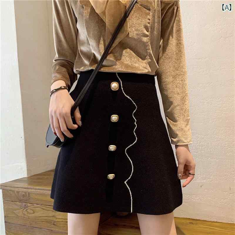 大きめサイズ レディース スカート カジュアル おしゃれ 刺繍 ウール スリム ショート パフ 快適 黒 aライン 冬