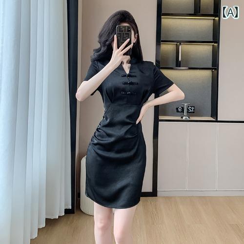 レディース ドレス 華やか セクシー 上品 パーティー キャバ チャイナ風 レトロ チャイナ風 リトル ブラック スカート チャイナ 半袖 サテン プリーツ