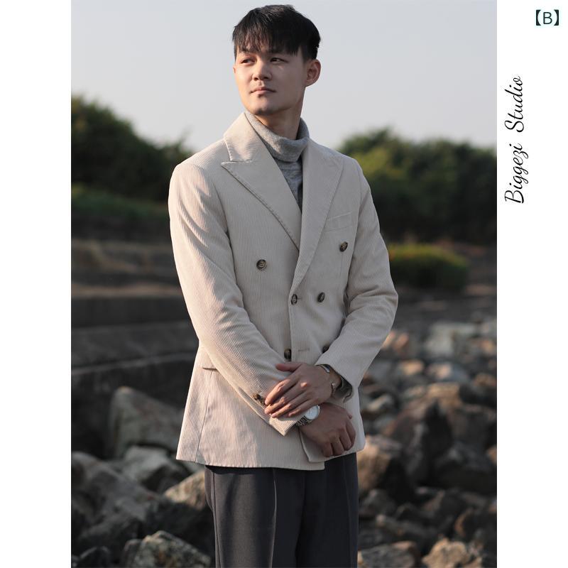 メンズ ファッション おしゃれ ダンディ かっこいい 英国 コーデュロイ コーデュロイ スリム ダブルブレスト 起毛 ストライプ 厚手 暖かい レトロ スーツ
