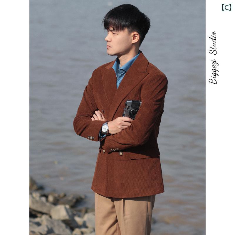 メンズ ファッション おしゃれ ダンディ かっこいい 英国 コーデュロイ コーデュロイ スリム ダブルブレスト 起毛 ストライプ 厚手 暖かい レトロ スーツ