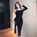 レディース ドレス 華やか セクシー 上品 パーティー キャバ 社交界 魅惑 起毛 スパンコール キラキラ キラキラ フェザー 長袖 ホルターネック オフショルダー スリット ブラック イブニング