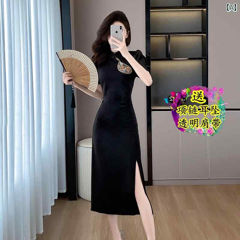 レディース ドレス 華やか セクシー 上品 パーティー キャバ チャイナ風 魅惑 チャイナ 少女 黒 リトル ブラック リトル ブラック 刺繍 スリット