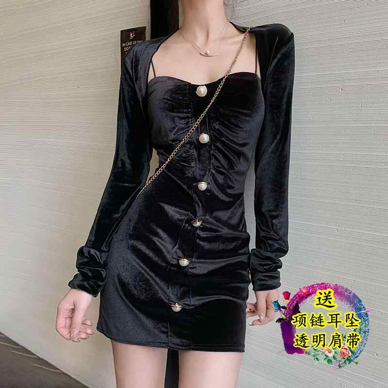 レディース ドレス 華やか セクシー 上品 パーティー キャバ 秋冬 フレンチ レトロ 魅惑 スリム 起毛 ストラップ 長袖 セットアップ リトル ブラック