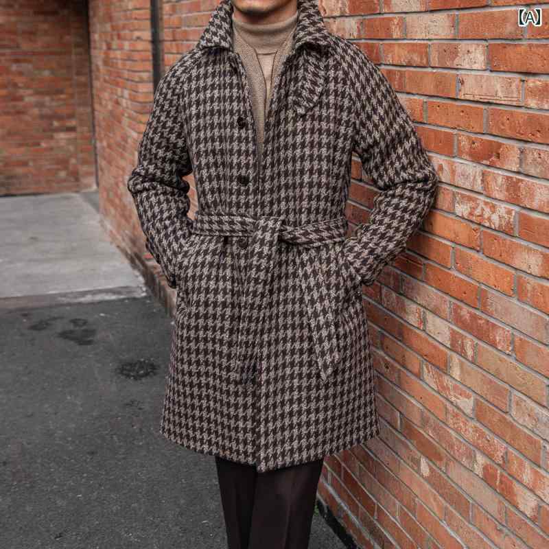 メンズ ファッション おしゃれ ダンディ かっこいい 秋冬 千鳥格子 ジェントリー コート 英国 トレンディ 暖かい 丈 コート(4)