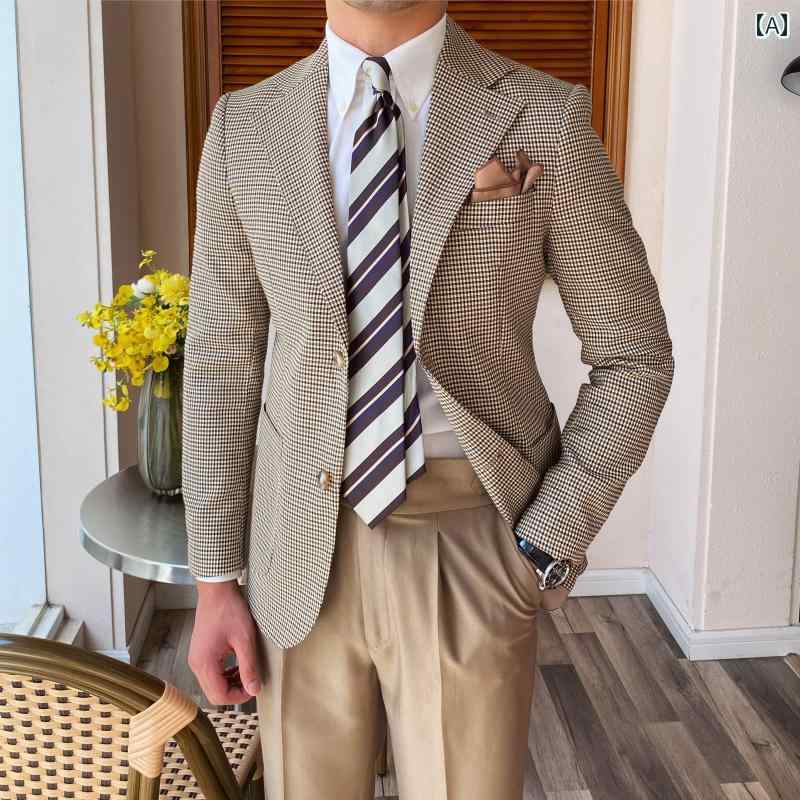 メンズ ファッション おしゃれ ダンディ かっこいい ビジネス シングルブレスト 千鳥格子 カジュアル スーツ アーバン スリム カジュアル スーツ トレンディ