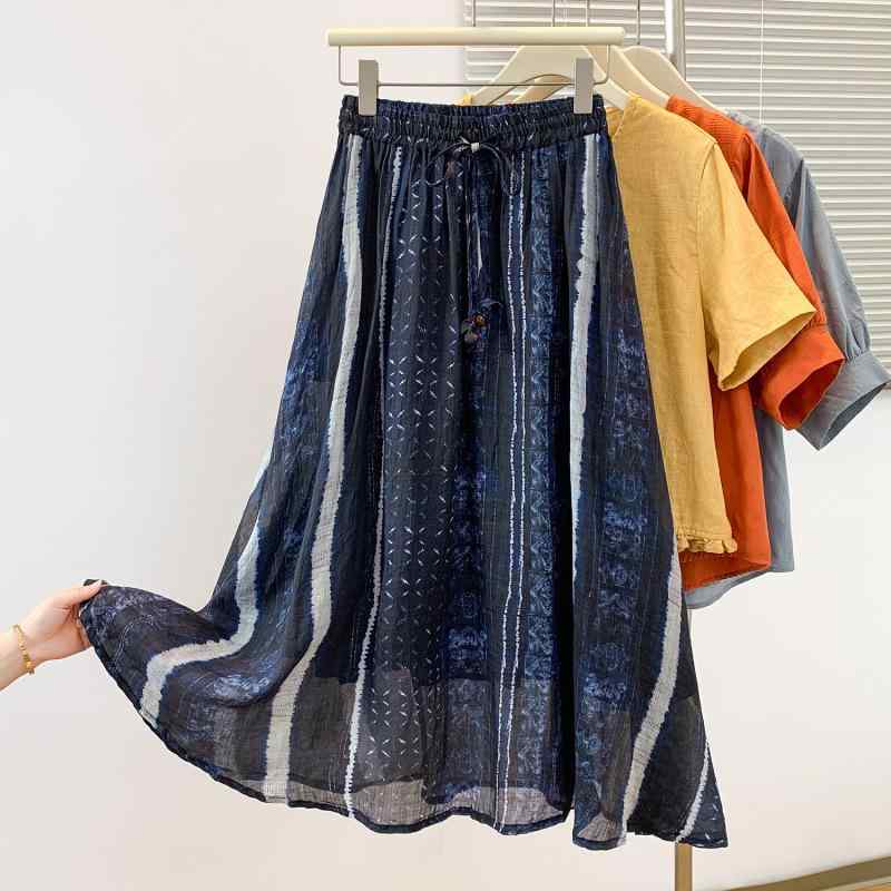 スカート 春夏 ラミー麻 綿麻 ろうけつ染め ネイビー ミモレ丈 ゆったり ハイウエスト エスニック 着痩せ効果 普段使い 着回し ポケット ストレッチ