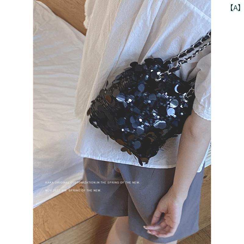 レディース バッグ 普段使い トレンディ クール スパンコール キラキラ キラキラ 夏 トレンディ ファッション バケット チェーン 脇下 クロス ボディバッグ