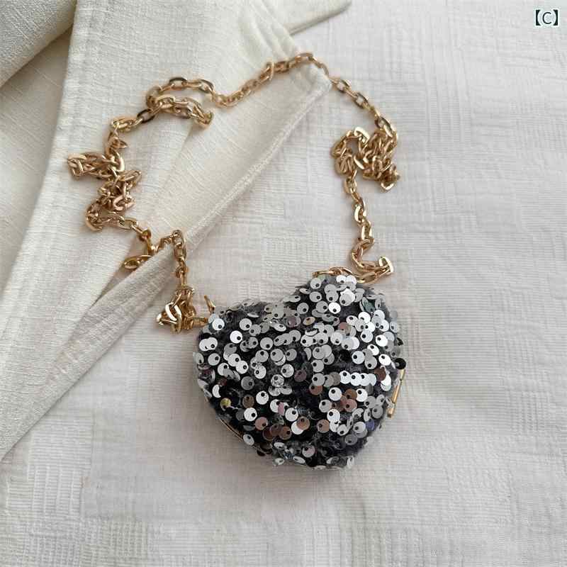 レディース バッグ 普段使い ミニ シルバー スパンコール キラキラ キラキラ ハート型 チェーン 口紅