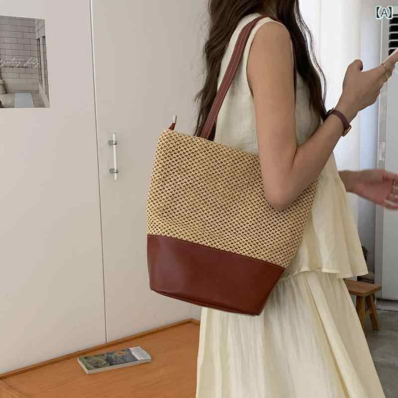 レディース バッグ 普段使い レトロ わら 織り 大容量 トート ショルダー 通勤 カジュアル 休暇 ビーチ