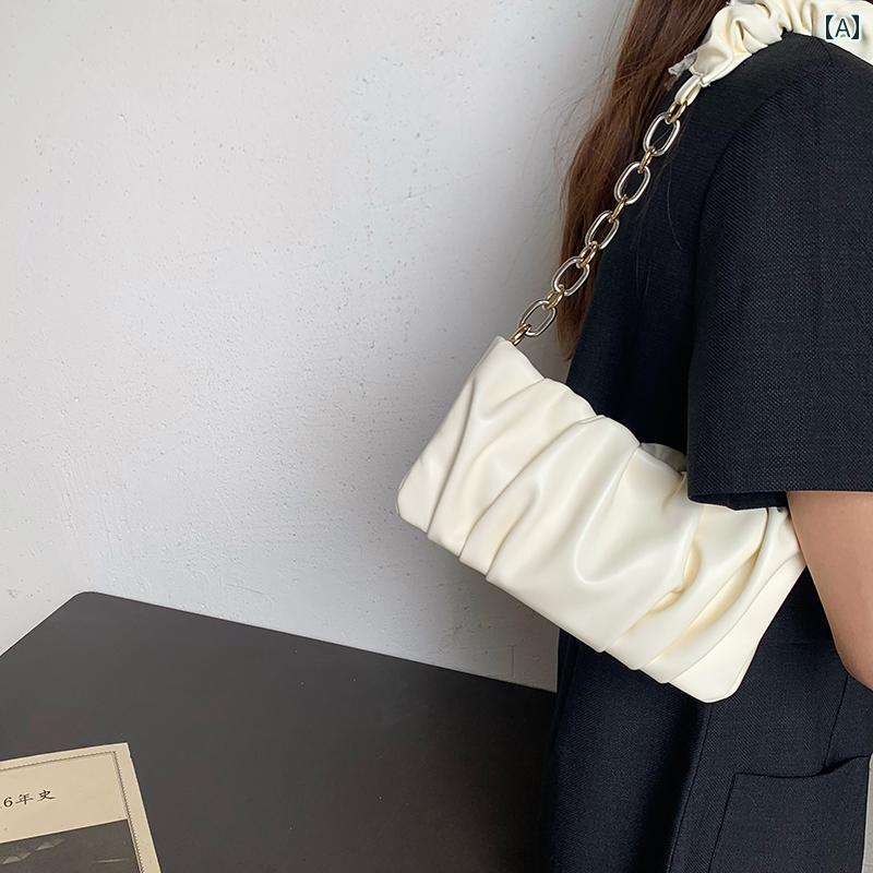 レディース バッグ 普段使い 夏 ソフトレザー クラウド プリーツ チェーン ワンショルダー クロス ボディバッグ 脇下 小さめ(4.0)