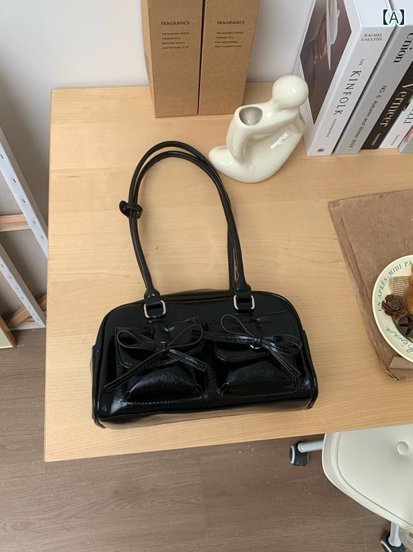 レディース バッグ 普段使い リボン ショルダー 脇下 黒 ポータブル リボン リング 通勤