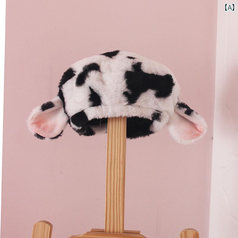 レディース 帽子 ロリータ かわいい ガーリー コスプレ 牛 柄 ぬいぐるみ ベレー 帽 ふくら ぎ 耳 黒白 ビスケット かわいい 冬