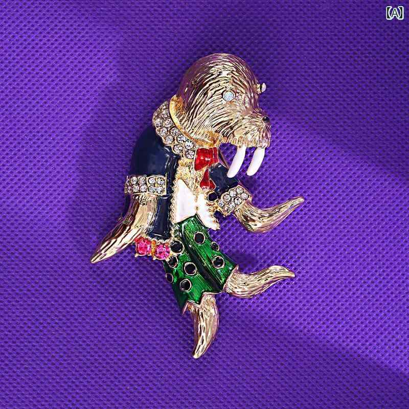 ブローチ レディース アクセサリー ユニーク 持つ 動物 油 滴る セイウチ スーツ コート