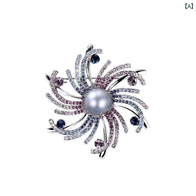 ブローチ レディース アクセサリー 回転 スノーフレーク 菊 コサージュ パール 秋冬 コート アクセサリー