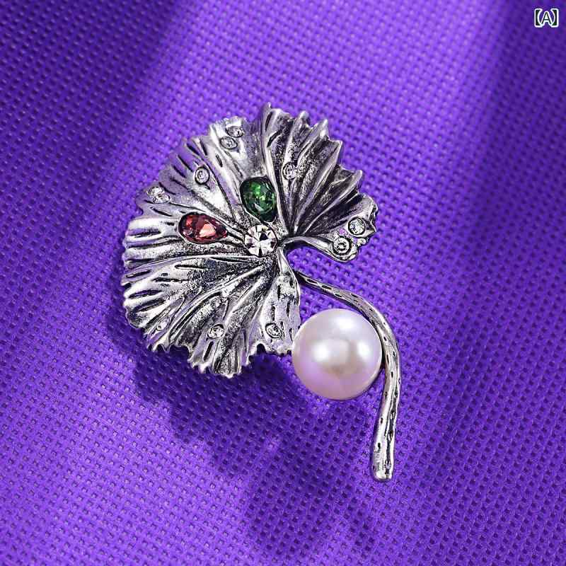 ブローチ レディース アクセサリー おしゃれ 蓮葉 金属 テクスチャ 合金 ラインストーン パール 植物 衣装 コサージュピン 固定