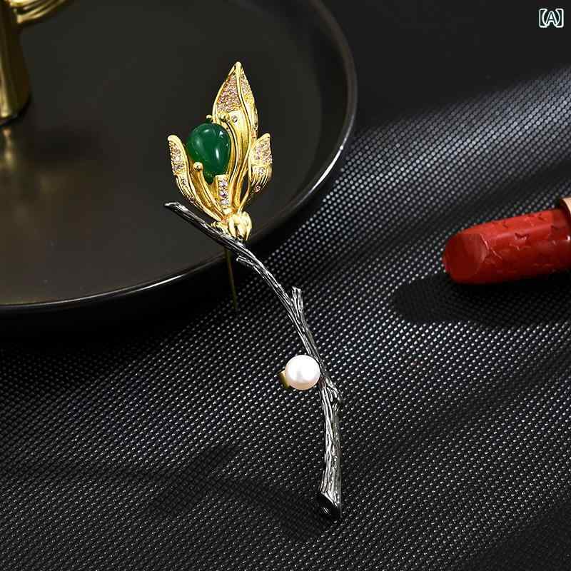 ブローチ レディース アクセサリー 母の日 ギフト グリーンカルセドニー チューリップ 淡水 コサージュ エレガント ウール コート ピン
