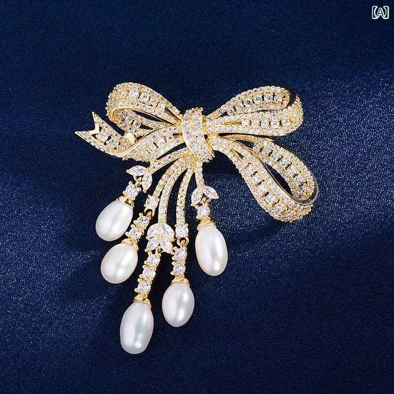 ブローチ レディース アクセサリー 象嵌 ジルコニウム リボン 淡水 セーター コート スーツ ペンダント コサージュ