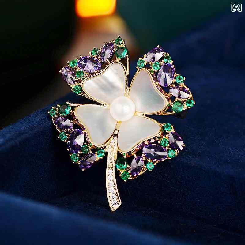 ブローチ レディース アクセサリー 貝 四つ葉 花 精巧 衣装 コサージュ