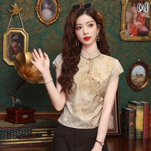 レディース ファッション おしゃれ 上品 チャイナ風 軽量 涼しい 涼しい 夏 シャツ 半袖 チャイナ ドレス ユニーク 西洋風 トップス