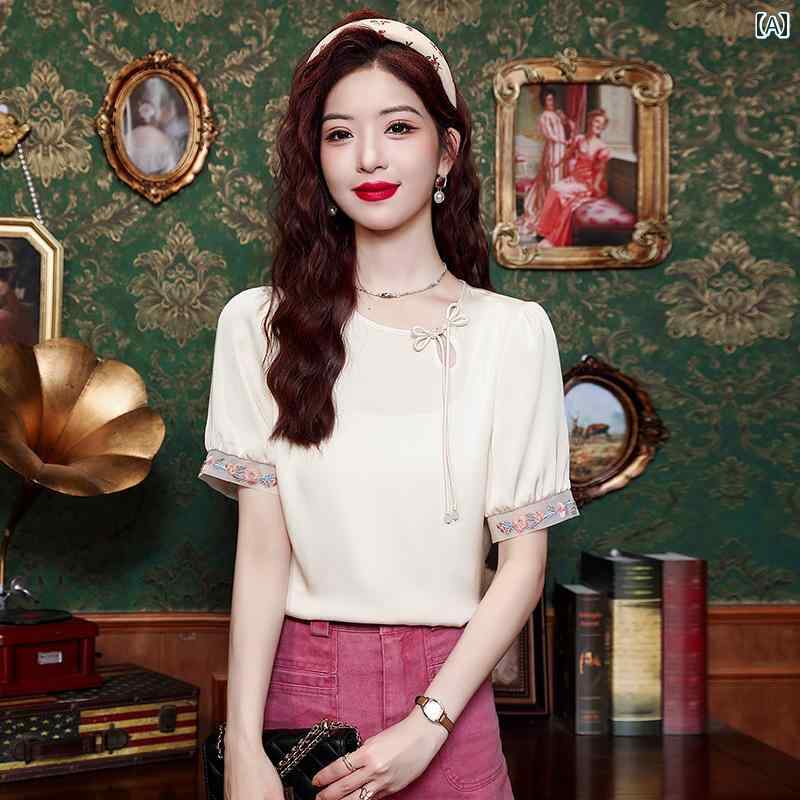 レディース ファッション おしゃれ 上品 チャイナ風 バックルシフォン トップス 夏 パフスリーブ 半袖 t シャツ(4)