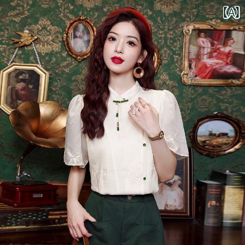 レディース ファッション おしゃれ 上品 レトロ 半袖 シフォンシャツ 夏新 服 チャイナ ドレス 中国 トップス