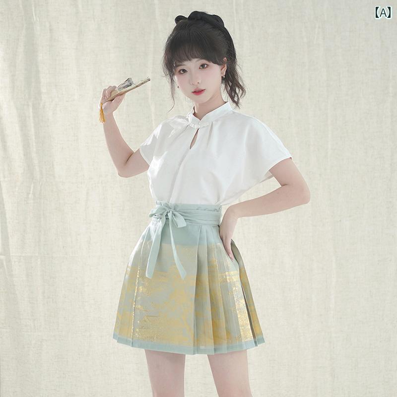 漢服 コスチューム レディース ファッション おしゃれ ステージ 撮影 舞台衣装 コスプレ チャイナ風 デイリー 織 金 化粧 花 馬顔スカート セットアップ 夏