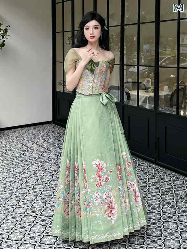 漢服 コスチューム レディース ファッション おしゃれ ステージ 撮影 舞台衣装 コスプレ チャイナ風 軽量 涼しい 涼しい グリーン 馬顔スカート 秋冬 スカート ドレス セットアップ