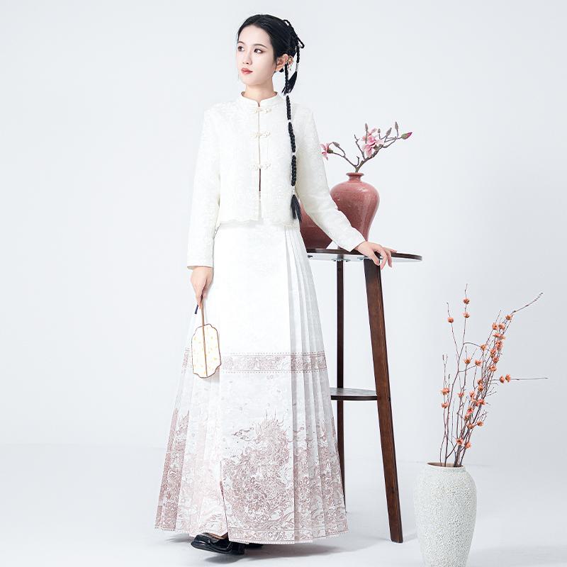 漢服 コスチューム レディース ファッション おしゃれ ステージ 撮影 舞台衣装 コスプレ ピンクパール 雲 龍 明朝 織 金 馬顔スカート 中国 チャイナ風 スカート 服