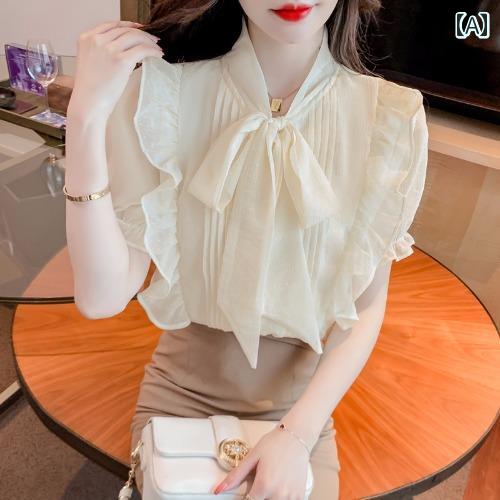 レディース トップス おしゃれ エレガント 通勤 オフィス カジュアル ファッション フレンチ リボン シフォンシャツ 夏 半袖 フリル 西洋 美しい シャツ