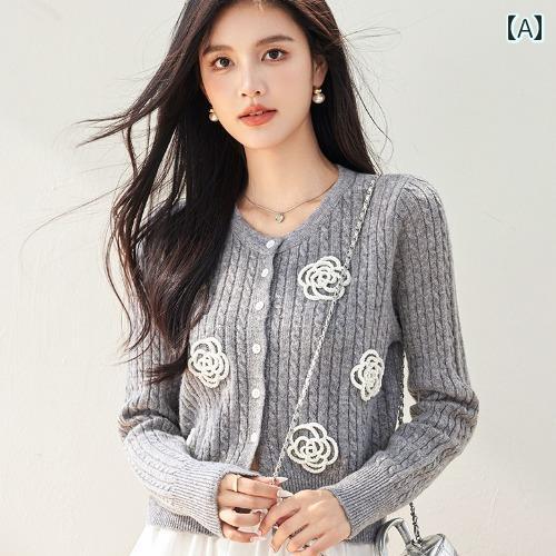 レディース トップス おしゃれ エレガント 通勤 オフィス カジュアル ファッション グレー ショート ニットカーディガン 春秋 アウターウェア ラウンドネック カジュアル セーター ジャケット