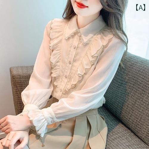 レディース トップス おしゃれ エレガント 通勤 オフィス カジュアル ファッション フリル シフォンシャツ 秋服 長袖 シック ウエスタンシャツ