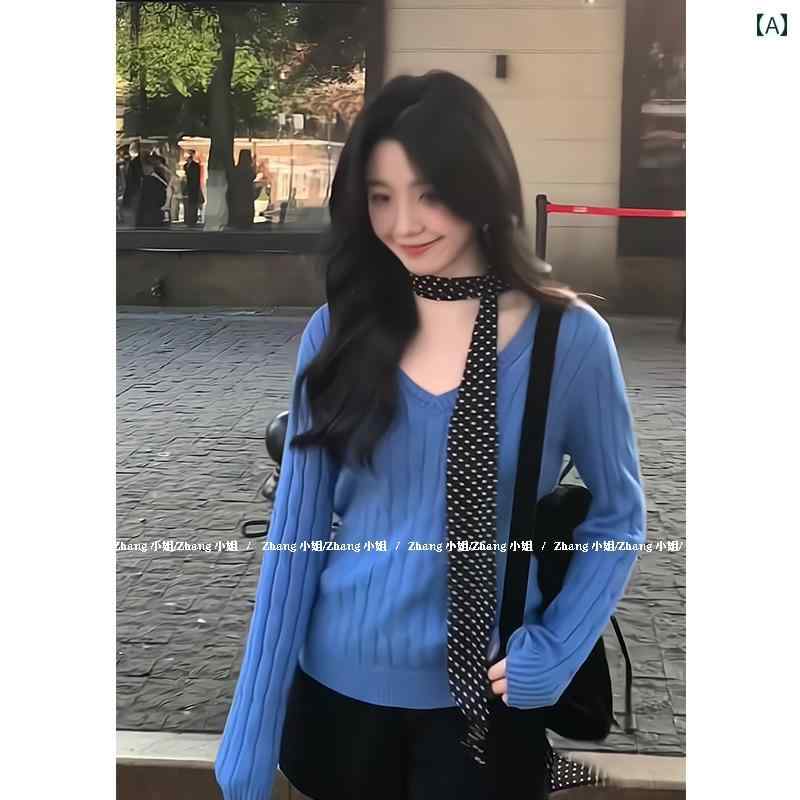 レディース ファッション おしゃれ カジュアル 普段使い フレンチブルー ツイスト Vネック ニット ボトム シャツ スリム 長袖 リボン