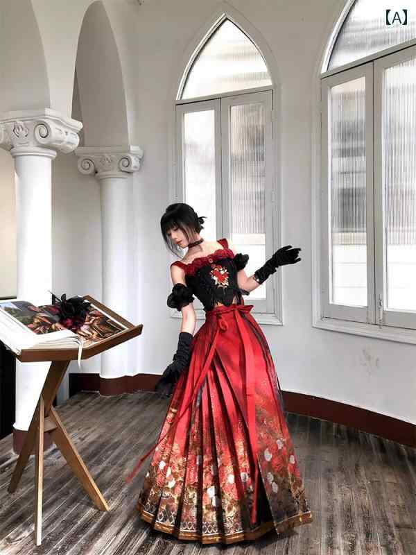 ドレス レディース 華やか パーティー 新年 挨拶 チャイナ風 刺繍 レトロ 黒 赤 バラ スカート ファッション トップス 黒 赤 伝統的 スカート 新年 挨拶 服 セットアップ