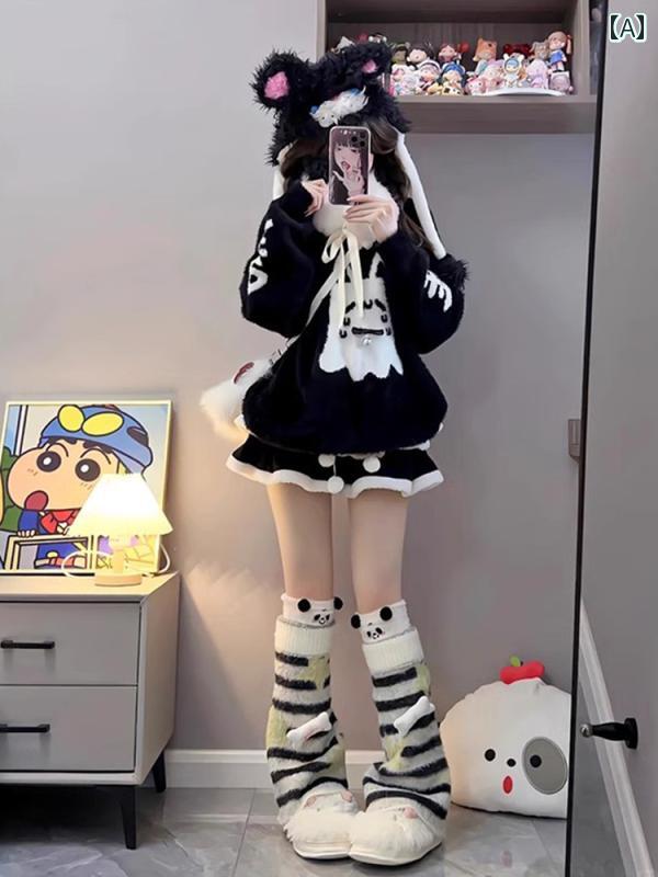 コスプレ 衣装 ロリータ レディース コスチューム パーティー 写真撮影 黒 セーター ゆったり 暖かい ラウンドネック トップス ショート スカート 冬